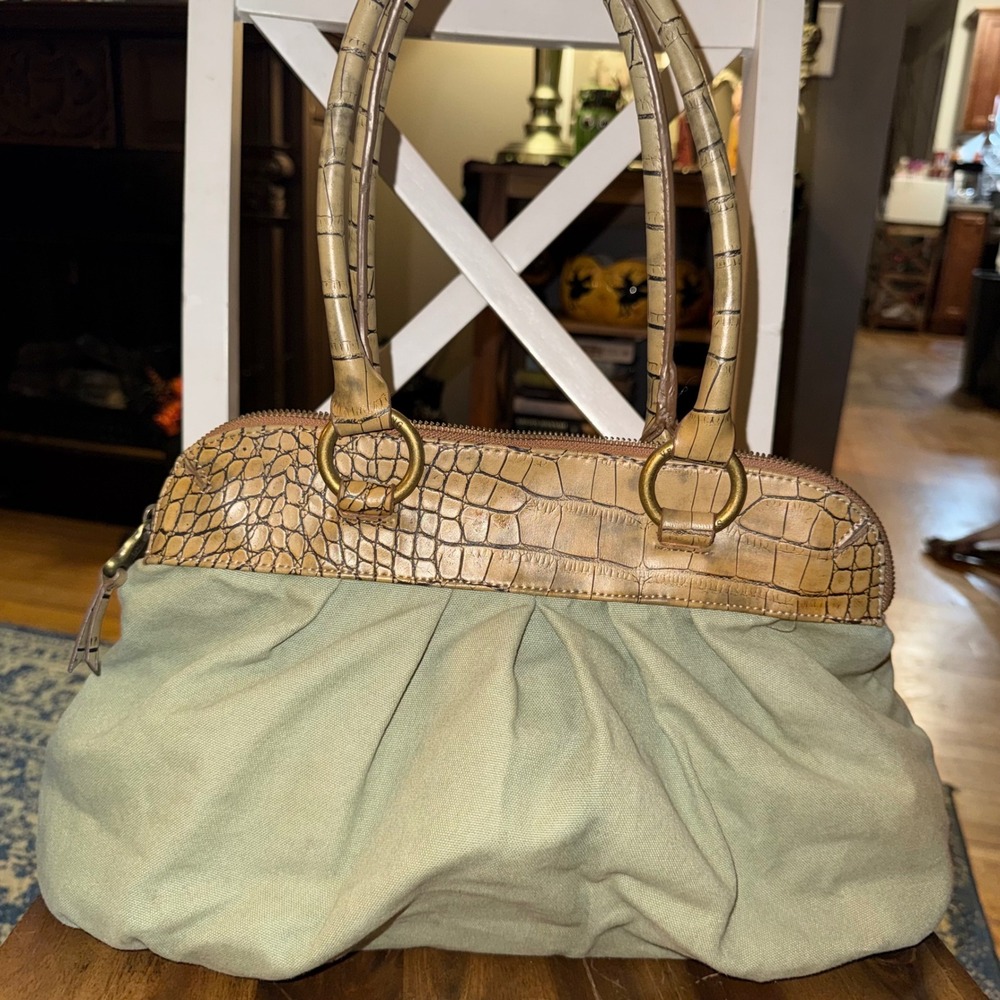 Simply Vera Vera Wang Sage Green Canvas Faux Crocodile Trim Hobo Satchel Bag